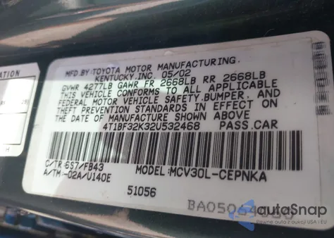 2002 Toyota Camry Le V6 from USA, damaged, VIN 4T1BF32K32U532468